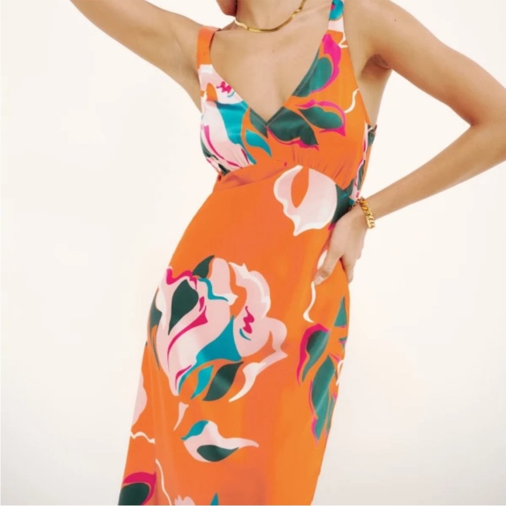 Reformation Daytona Silk Dress in Electra Orange Floral Midi NWT XS - Picture 3 of 9